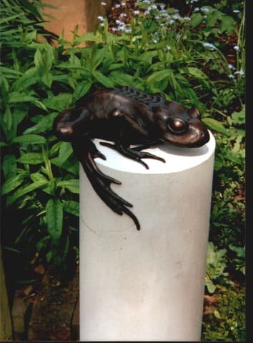 A bronze sculpture of a frog on a pillar