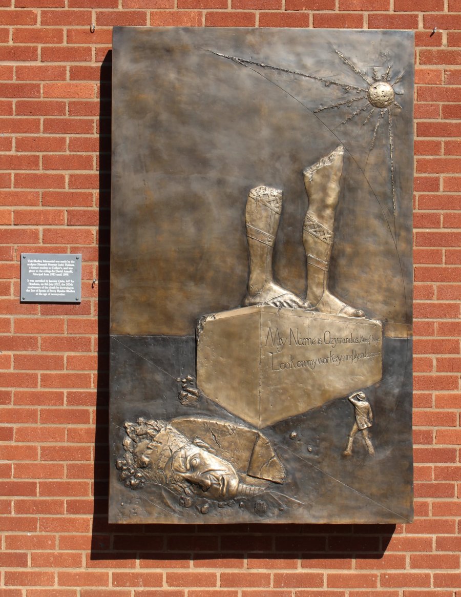 Shelley Memorial bronze relief panel mounted on brick wall