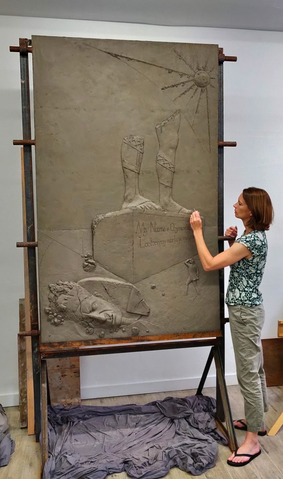Hannah Stewart working on Shelley Memorial clay sculpture