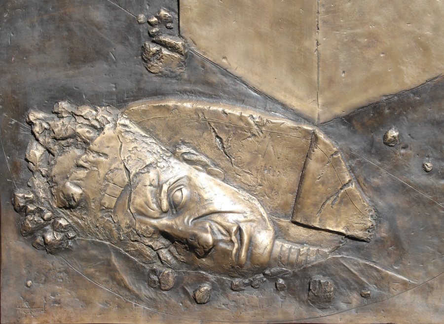 Close-up detail of the Shelley Memorial bronze relief panel