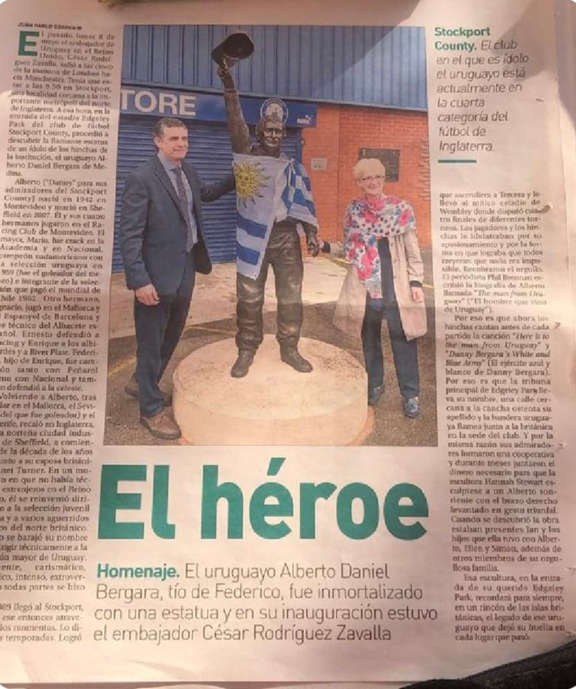 Photo of a newspaper article about the Danny Bergara statue